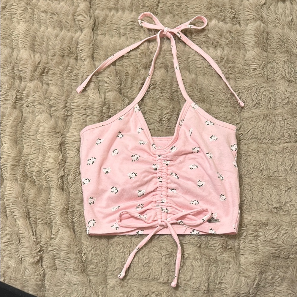 Hollister Pink Ruched Tie Front Crop Top